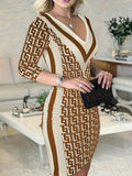 DERMEARNE Print Skinny Dress For Women 2024 Spring Patchwor Sexy V-Neck Package hip Bodycon Party Mini Dresses Casual Long Sleeve Vestidos