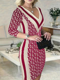 DERMEARNE Print Skinny Dress For Women 2024 Spring Patchwor Sexy V-Neck Package hip Bodycon Party Mini Dresses Casual Long Sleeve Vestidos