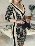 DERMEARNE Print Skinny Dress For Women 2024 Spring Patchwor Sexy V-Neck Package hip Bodycon Party Mini Dresses Casual Long Sleeve Vestidos