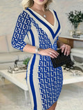 DERMEARNE Print Skinny Dress For Women 2024 Spring Patchwor Sexy V-Neck Package hip Bodycon Party Mini Dresses Casual Long Sleeve Vestidos