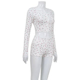 DERMEARNE Printed Lace Sexy Club Suit For Women Long-sleeved Fashionable O-neck Sportswear Casual Two-piece Set Women's Pajamas Home Wear