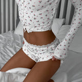 DERMEARNE Printed Lace Sexy Club Suit For Women Long-sleeved Fashionable O-neck Sportswear Casual Two-piece Set Women's Pajamas Home Wear