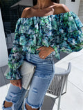 DERMEARNE Printed One Shoulder Chiffon Shirt Women Fashion Sexy Off Shoulder Ruffles Long Sleeve Shirt Blouse Ladies Spring Autumn New Top