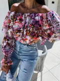DERMEARNE Printed One Shoulder Chiffon Shirt Women Fashion Sexy Off Shoulder Ruffles Long Sleeve Shirt Blouse Ladies Spring Autumn New Top