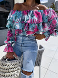 DERMEARNE Printed One Shoulder Chiffon Shirt Women Fashion Sexy Off Shoulder Ruffles Long Sleeve Shirt Blouse Ladies Spring Autumn New Top