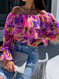 DERMEARNE Printed One Shoulder Chiffon Shirt Women Fashion Sexy Off Shoulder Ruffles Long Sleeve Shirt Blouse Ladies Spring Autumn New Top