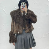 DERMEARNE Rabbit Fur Coat Women's Chamois Leather Jacket Winter Outwear Short Fashion 2025 New Irregular Wool-fur Patchwork Coat