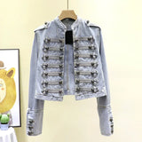 DERMEARNE Retro Military Style Handsome Stand Collar Denim Jackets Female Double-breasted Wild Slim Short Denim Jackets Women Outerwear