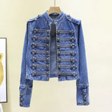 DERMEARNE Retro Military Style Handsome Stand Collar Denim Jackets Female Double-breasted Wild Slim Short Denim Jackets Women Outerwear