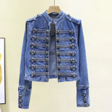 DERMEARNE Retro Military Style Handsome Stand Collar Denim Jackets Female Double-breasted Wild Slim Short Denim Jackets Women Outerwear