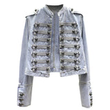 DERMEARNE Retro Military Style Handsome Stand Collar Denim Jackets Female Double-breasted Wild Slim Short Denim Jackets Women Outerwear