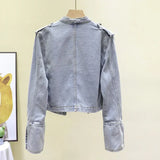 DERMEARNE Retro Military Style Handsome Stand Collar Denim Jackets Female Double-breasted Wild Slim Short Denim Jackets Women Outerwear
