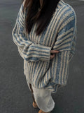 DERMEARNE Retro Striped Contrast Color Sweater Women Spring and Autumn High Street Couple Niche Lazy Style Knitted Sweater Cardigan Women