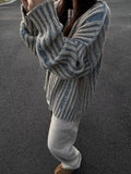 DERMEARNE Retro Striped Contrast Color Sweater Women Spring and Autumn High Street Couple Niche Lazy Style Knitted Sweater Cardigan Women
