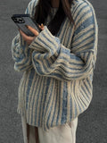 DERMEARNE Retro Striped Contrast Color Sweater Women Spring and Autumn High Street Couple Niche Lazy Style Knitted Sweater Cardigan Women