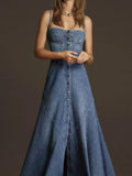 Women Denim Party Spaghetti Strap Dress Single Breasted Button Elegant Casual A-Line Split Hem Vintage Denim Summer Long Dress