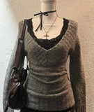 Fashion Vintage V-neck Knitted Tops Women 2024 Early Autumn New Sweaters Mujer Y2k Grunge Slim Fit Long Sleeve Pullovers