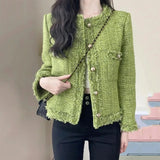 New Autumn Winter Korean Single-Breasted Short Tweed Coat Women Long Sleeve Vintage Green Casual Jackets Female Outerwear