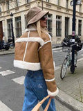 Women Autumn Winter Plush Spliced Leather Jacket Elegant Lapel Long Sleeves Cropped Coats Fashion Lady Commuting Street Outwear