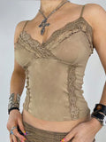 y2k Lace Mini Vest Women Spaghetti Strap Khaki Crop Top Women Harajuku Basic Casual Sweats Vintage Chic Camis Summer