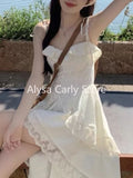 Dermearne Sweet Casual Irregular Slip Dress Women Ruffles Designer Sexy Elegant Fairy Dress Female 2024  Summer Fashion Korean Party Dress