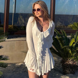 Backless Lace Up Slim Fit Mini Dress Women's Sexy Bell Sleeve Party Dress Solid Color Deep V High Waist Dress For Women