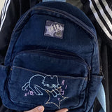 Japanese Simple Kawaii Cat Backpack Denim Handbag Shoulder Bags Large Capacity Student Schoolbag Cute Women Backpack