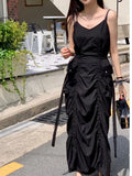 Korean Fashion New Summer Dress Women Pleated Design Large Pockets Waisted Midi Dress Female Sleeveless Solid Black Long Dresses