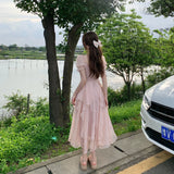 Summer Chiffon Fairy Dress Women Solid Elegant Party Midi Dress Female Casual Sweet Korean Fashion Pink Dress  New Clothes