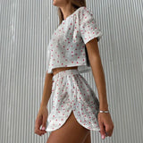 Dermearne Women's Print Pajamas Set Summer Casual Women's Short Sleeve Tops Shorts Sleepwear 2 Piece Set Loose Round Neck Home Loungewear