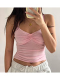 2000s Y2k Sleeveless Crop Tank Tops Sexy Bowknot Embellished Slim Fit Low Cut Camisole V Neck Spaghetti Strap Going Out Slim Top