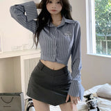 Dermearne Y2K Women Striped Shirts Korean Fashion Embroidery Female Long Sleeve Tops Spring Casual All Match Student Shirt New