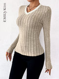 Women Fashion Casual Striped Texture Long Sleeve Tees Women Spring Fall Blouse Pacthwork Trim V-neck Knit Tight Women's Tops