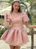 Y2K Pink Satin Princess Short Dresses for Women Puff Sleeve Square Collar Ruffles A-line Evening Party Dress Kawaii Mini Vestido