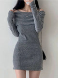 2024 Autumn/winter Korean Version New Lapel Off Shoulder Long Sleeve Dress Women Cinching Waist Wrap Hip Knit Short Dress QAG5