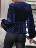 DERMEARNE Plus Size Women T Shirt Elegant Velvet Pullovers Tops Winter Cross Neck Long Sleeve Tshirt Sexy Lady Office Bottoming Ruffle Top