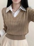 Knitted Sweater Women Korean Fashion Fake Two Pieces Pullover Lady Elegant Patchwork Shirt Autumn Long Sleeve Tops Office Jumper