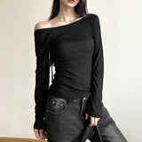 Women Off Shoulder Crop Tops Grunge Solid Color Backless Tie Up Shirt 90s Long Sleeve Slim Fit Ribbed T Shirt