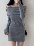 2024 Autumn/winter Korean Version New Lapel Off Shoulder Long Sleeve Dress Women Cinching Waist Wrap Hip Knit Short Dress QAG5