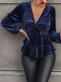 DERMEARNE Plus Size Women T Shirt Elegant Velvet Pullovers Tops Winter Cross Neck Long Sleeve Tshirt Sexy Lady Office Bottoming Ruffle Top