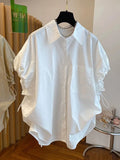 Korean style Summer Fashion Puff Sleeve Women Blouses Single Breasted Turn-down Collar New Shirt Tops