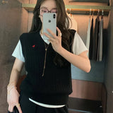 DERMEARNE  Embroidered V-neck Sweater Knit Vest Women Fashion Autumn Loose Knitted Outerwear Vintage Solid Sleeveless Female Top Warm