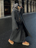 Vintage Women Stripe Woolen Overcoats Fashion Lapel Long Sleeves Oversized Long Coats 2024 Autumn Winter Lady Commute Jacket