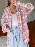 Long Sleeve Pink Plaid Shirts Korean Style Vintage Y2k Youthful Woman Blouses Harajuku Fashion Japanese Outerwears