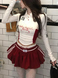 DERMEARNE  America Sexy Spicy Girl 2 Piece Sets Women Lace-up Vintage Crop Tops + Red Y2k Chic Mini Skirt Female Lace Elegant Set Autumn