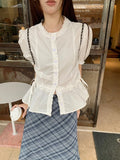 Fairycore White Blouse Women Short Sleeve Slimming Waist Shirts Feminina Ladies Cropped Tops Korean Fashion Chic New