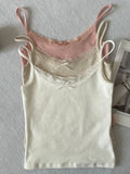 Dermearne Floral Eyelet Sweet Slim Tank Tops Women Lace Trim Bow Cotton Sleeveless Summer Camisole Female Preppy Style Cute Slim Crop Top