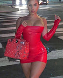 Y2K Leather With Gloves Dress Women's Backless Sexy Low Cut Clubwear Skinny Evening Party Bodycon Mini Dresses Female