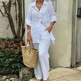 Women Pants Blouse Set Long Sleeve Solid Color Single-breasted Turn-down Collar Shirt Wide Leg Pants Suit Shirt Trousers Set