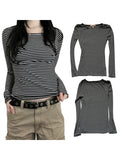 Long Sleeve Shirts for Women Casual Basic Crew Neck Striped Slim Fit T-shirt  Going Out Blouses Y2K Tight Shirts